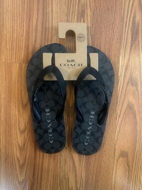 Coach Women Signature Logo Flip Flops Black & Coal, Size 7